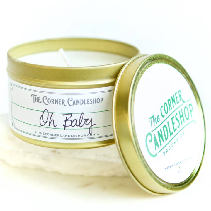 Oh Baby! 8 oz. Tin Candle for wholesale by The Corner Candleshop