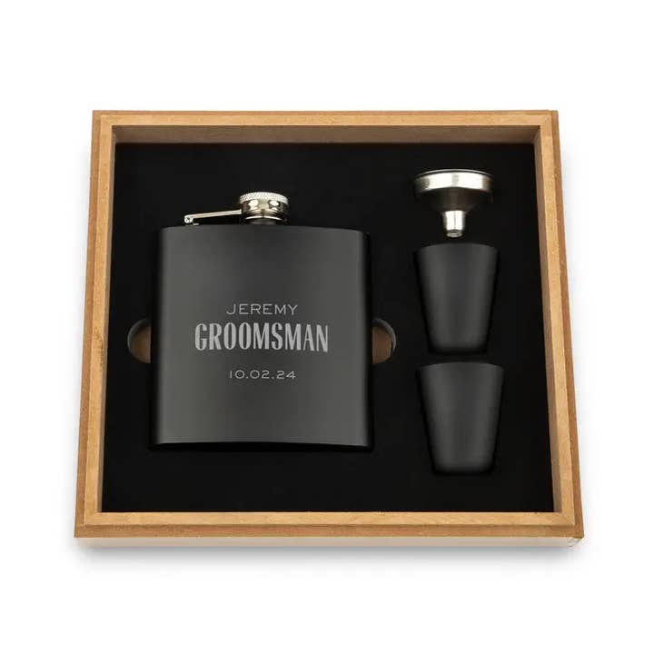 Weddingstar Inc. - Wholesale Flask - Wood Gift Box & Black Metal Hip Flask Set - Modern Groomsman1