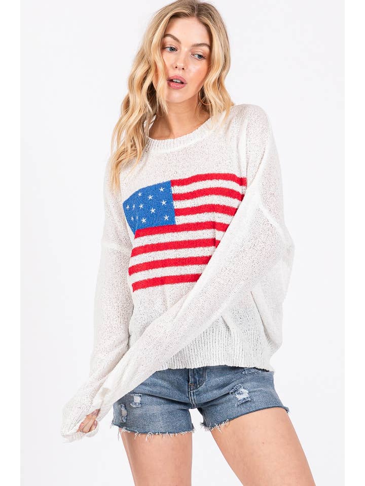 WHITE RED BLUE AMERICAN FLAG SWEATER TOP for wholesale on Faire