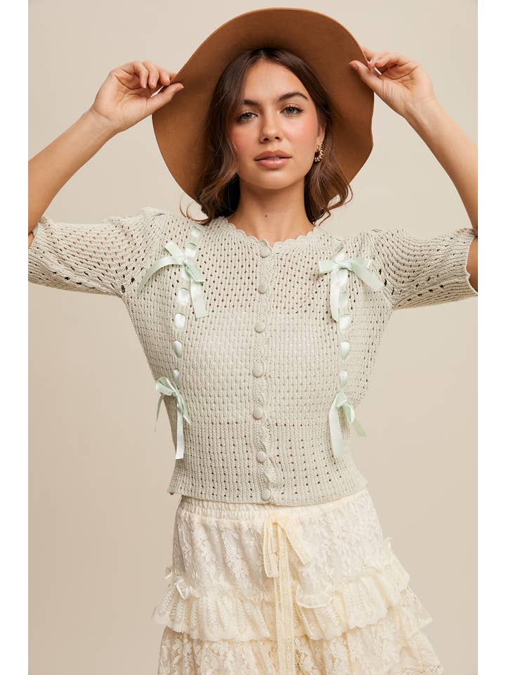 Listicle - Wholesale Cardigan - Women's - Pastel Knit Cardigan with Satin Bow Details