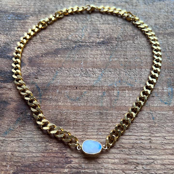 Gold Curb Chain Adjustable Necklace with Moonstone for wholesale by Carley King Jewels
