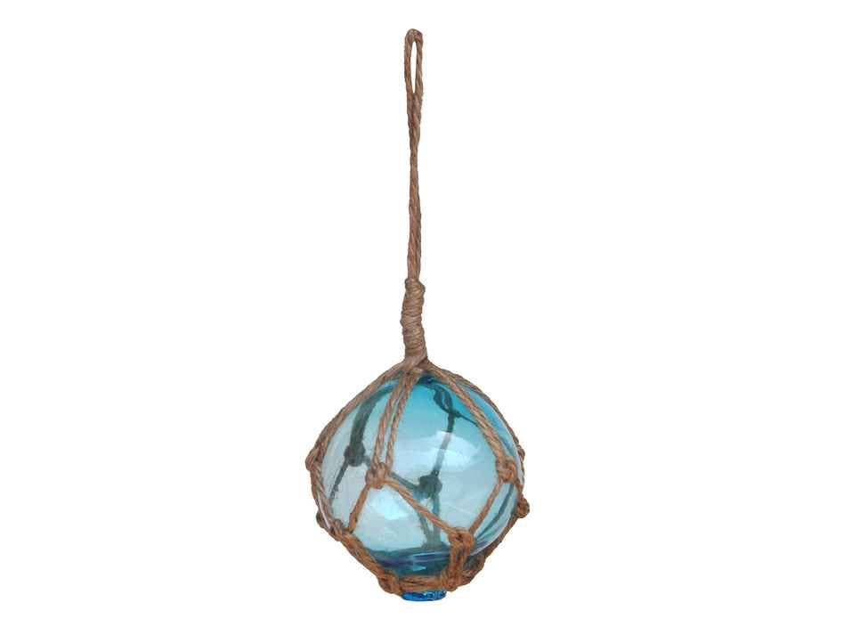 Hampton Nautical - Wholesale Ornament - Light Blue Japanese Glass Ball Fishing Float With Brown Netting Decoration 3"2
