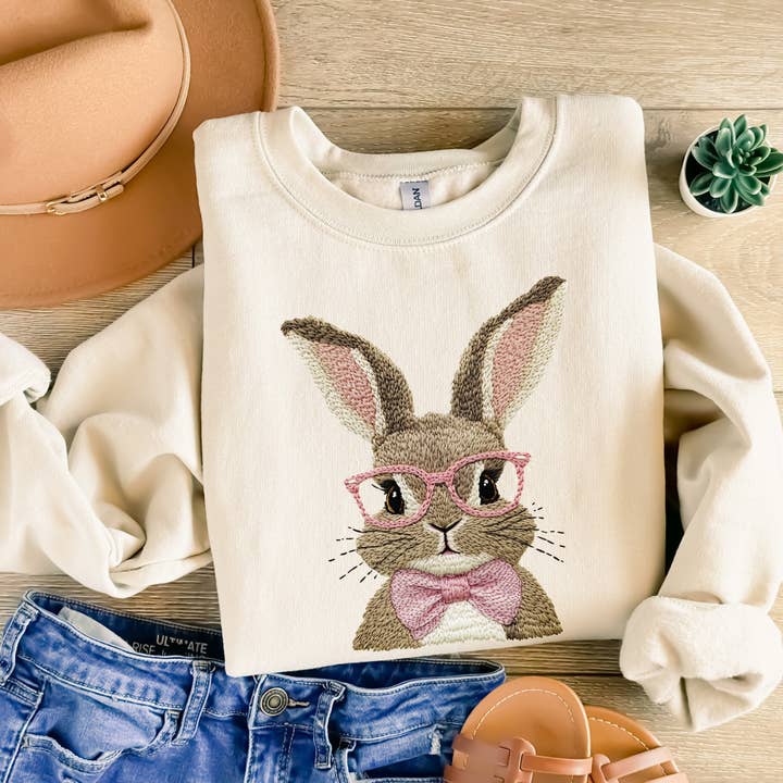 Faux Embroidered Bunny Crewneck Sweatshirt | Easter Bunny Sweatshirt | Spring Bunny Pullover | Vintage Easter Sweatshirt | Neutral Easter Top for wholesale by Swain Co. Embroidery & Press