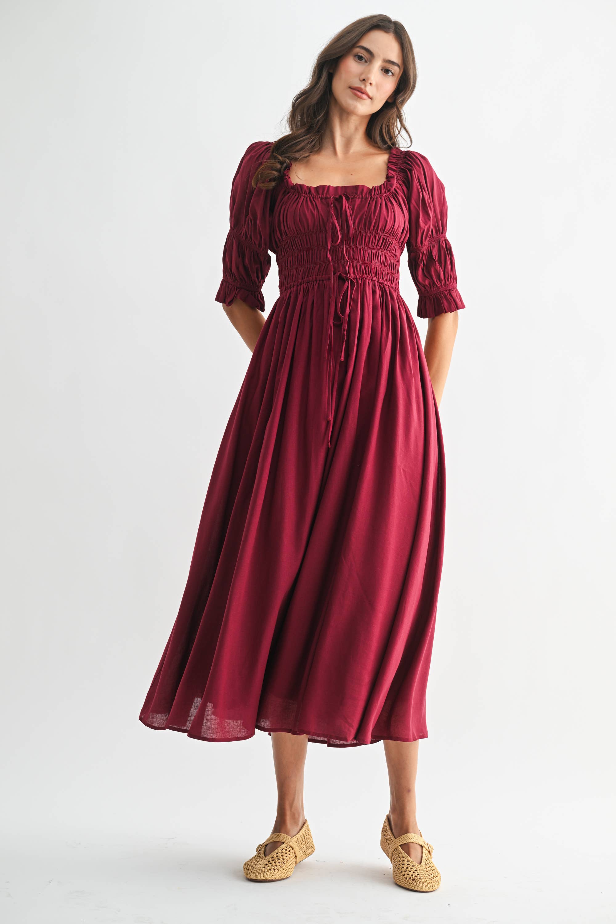 Camellia - Vente Robe – femme - ROBE MIDI ÉPAULES DÉNUDÉES SMOCKÉE AVEC JUPE PLISSÉE15