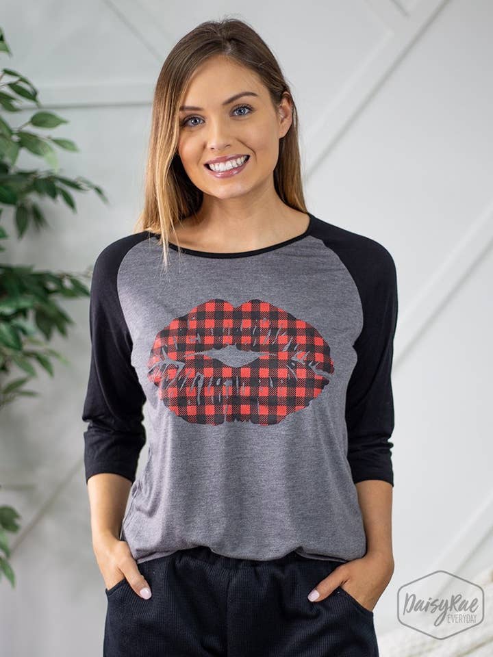 Buffalo Plaid Lips on Black & Grey Raglan for wholesale by GRACE+EMMA by Southern Grace