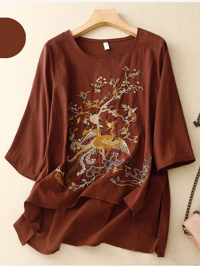 Whisper Mint - Wholesale Blouse - Women's - Retro literary tops Loose embroidered ramie shirt women4