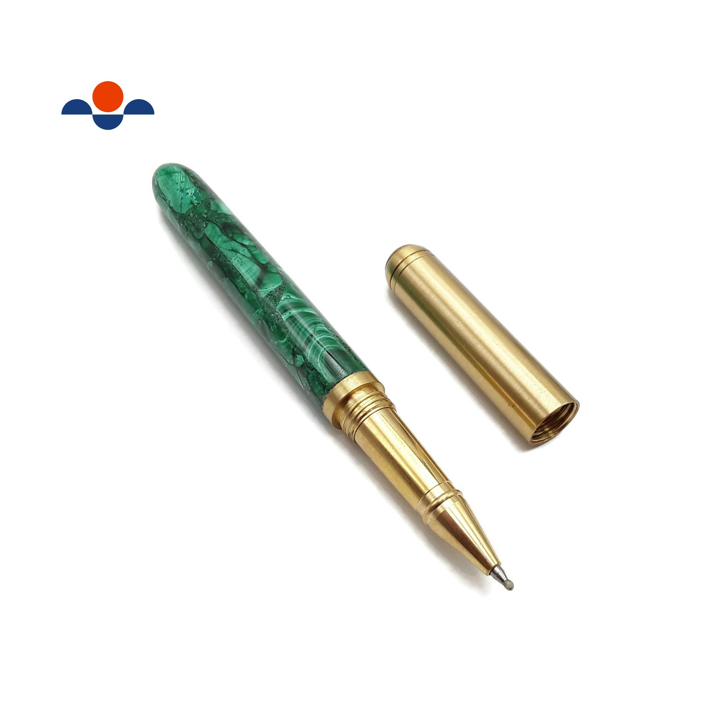 CRCBEADS - Wholesale Pen - Handmade Natural Malachite Stone Green & Gold Ball Point Writing Pen Sold By PC0