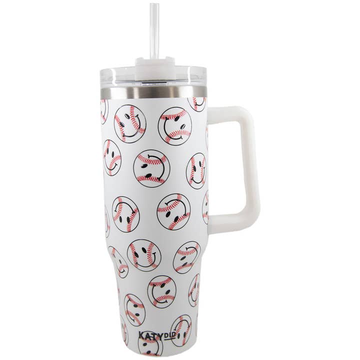 White Baseball Happy Faces Stainless Steel Tumbler Cup for wholesale on Faire1
