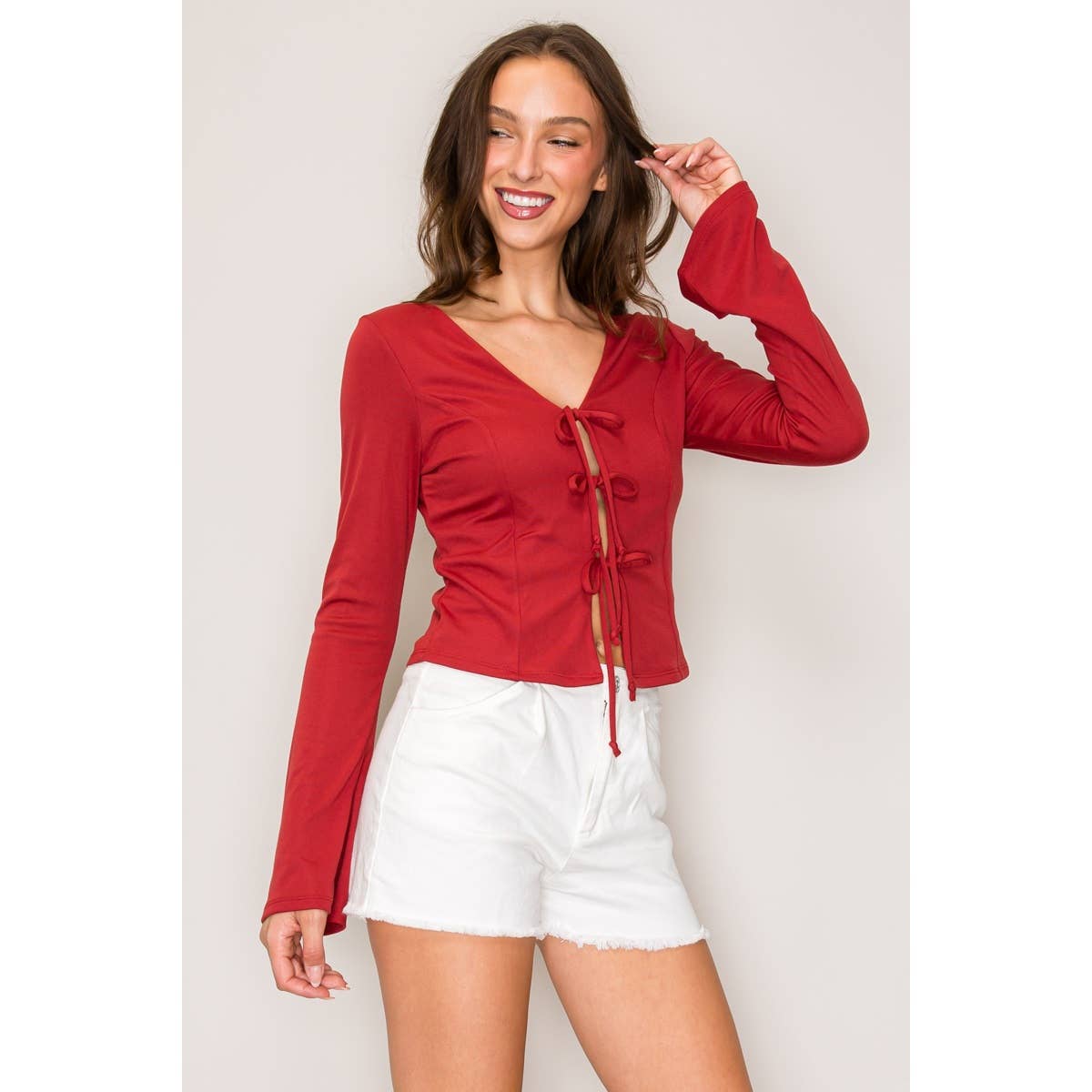 Popular 21 – wholesale Knit top – Women's – 3 Tie Flared Long Sleeve Top2