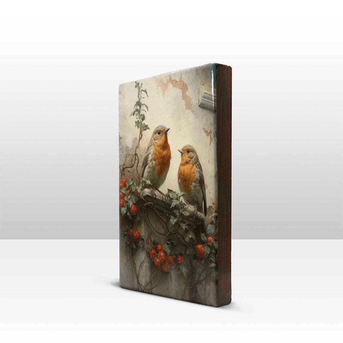 Laqueprint - Wholesale Art Print - Laqueprint - Two robins in front of an old wall - Hand lacquered - 19.5 x 30 cm - LP3862