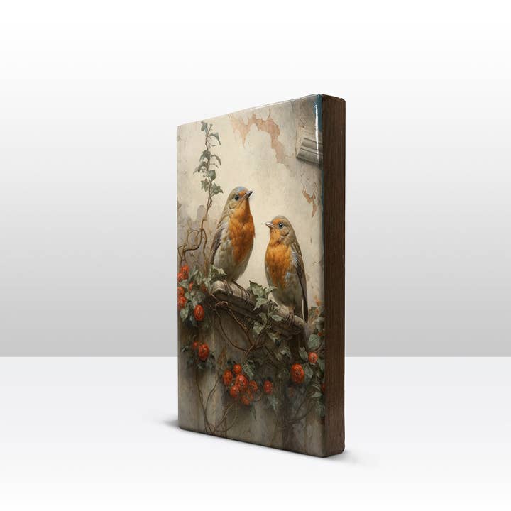Laqueprint - Wholesale Art Print - Laqueprint - Two robins in front of an old wall - Hand lacquered - 19.5 x 30 cm - LP3862