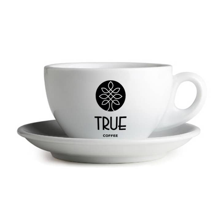 Hvid mælke-kaffekop med underkop for engroshandel hos TRUE Coffee