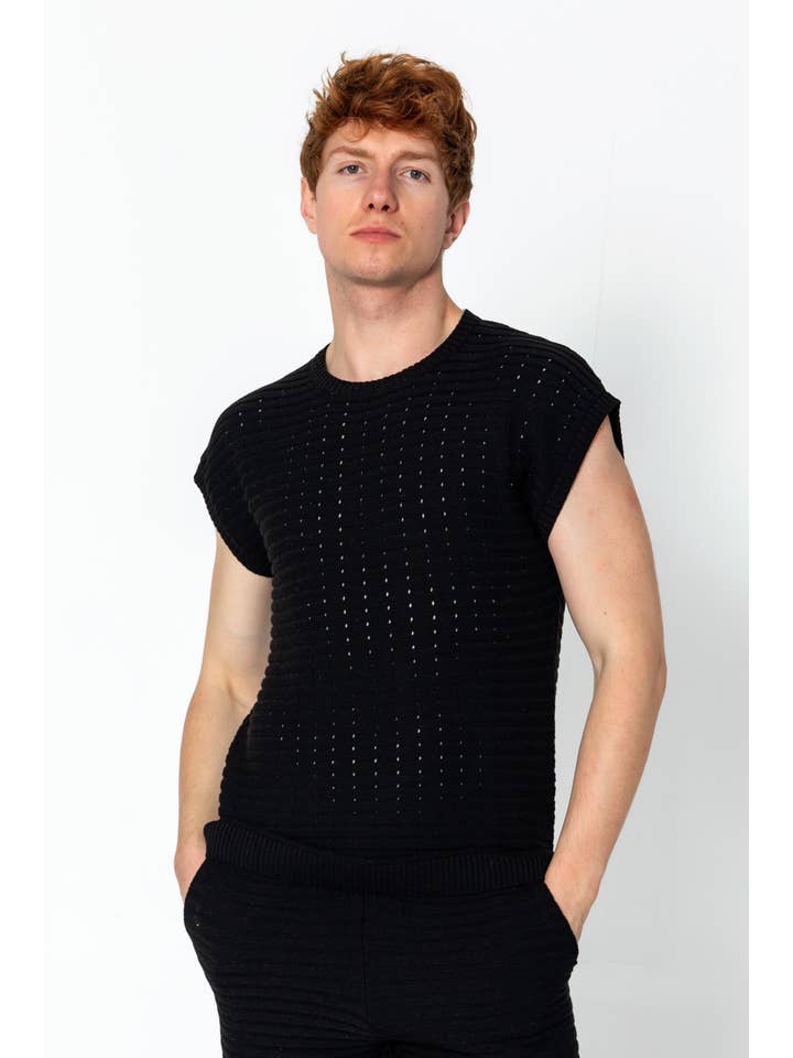 Men's Eyelet Short Sleeve Knit Top And Shorts Set - Black for wholesale on Faire