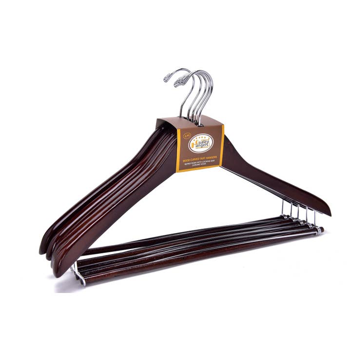 W024 Curved Wooden Hanger 17" Locking bar Walnut-Chrome -100 for wholesale by Quality Hangers