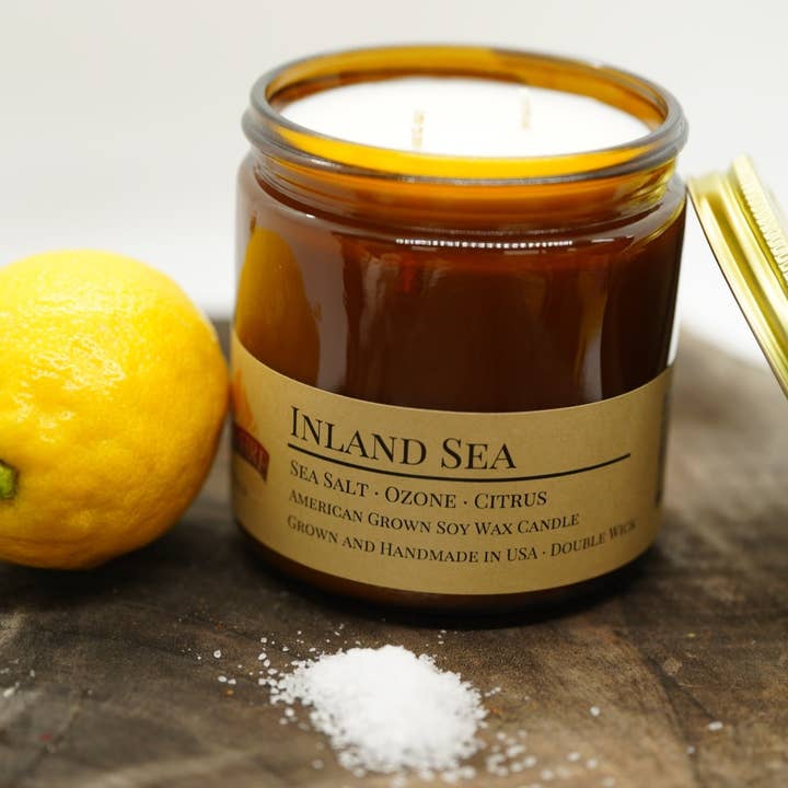 Inland Sea Soy Wax Candle | 16 oz Double Wick Amber Apotheca for wholesale by Prairie Fire Candles