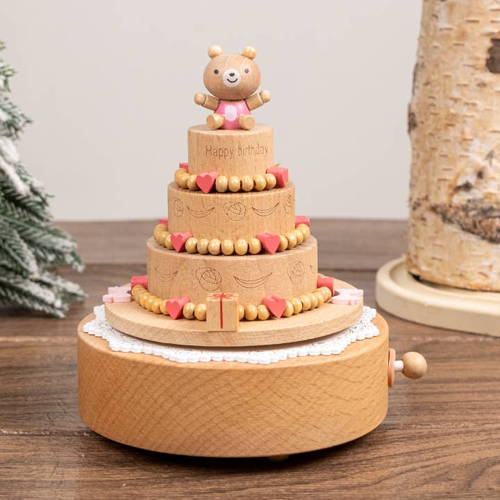Handcrafted Wind-Up Wooden Bear Cake Music Box for wholesale by GirlyPirateCo