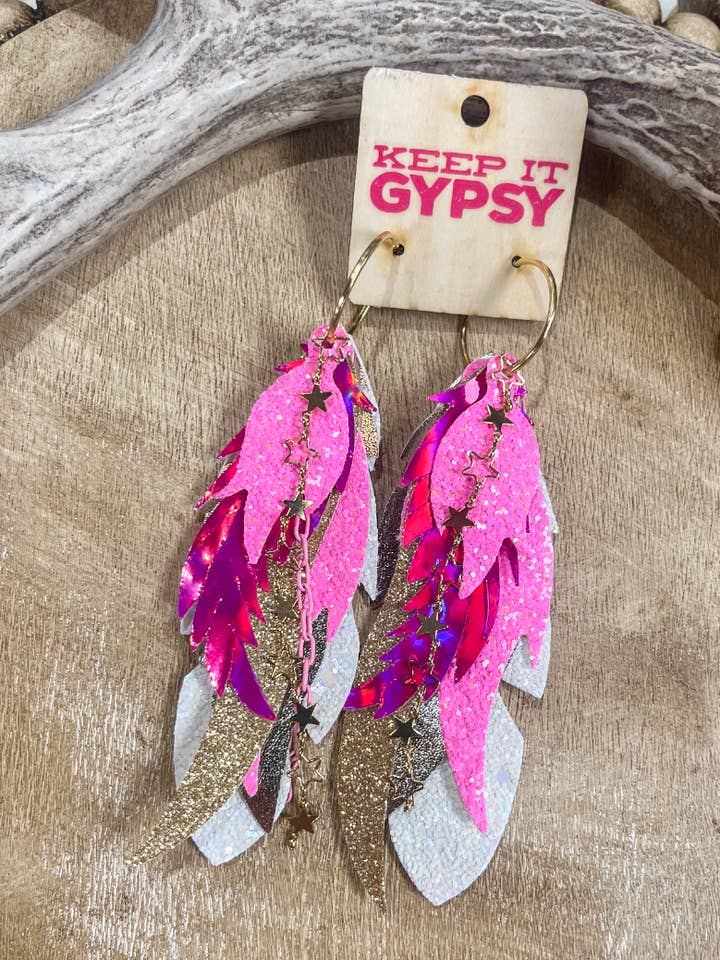 Pink & Gold Star Feather Earrings for wholesale by Keep it Gypsy