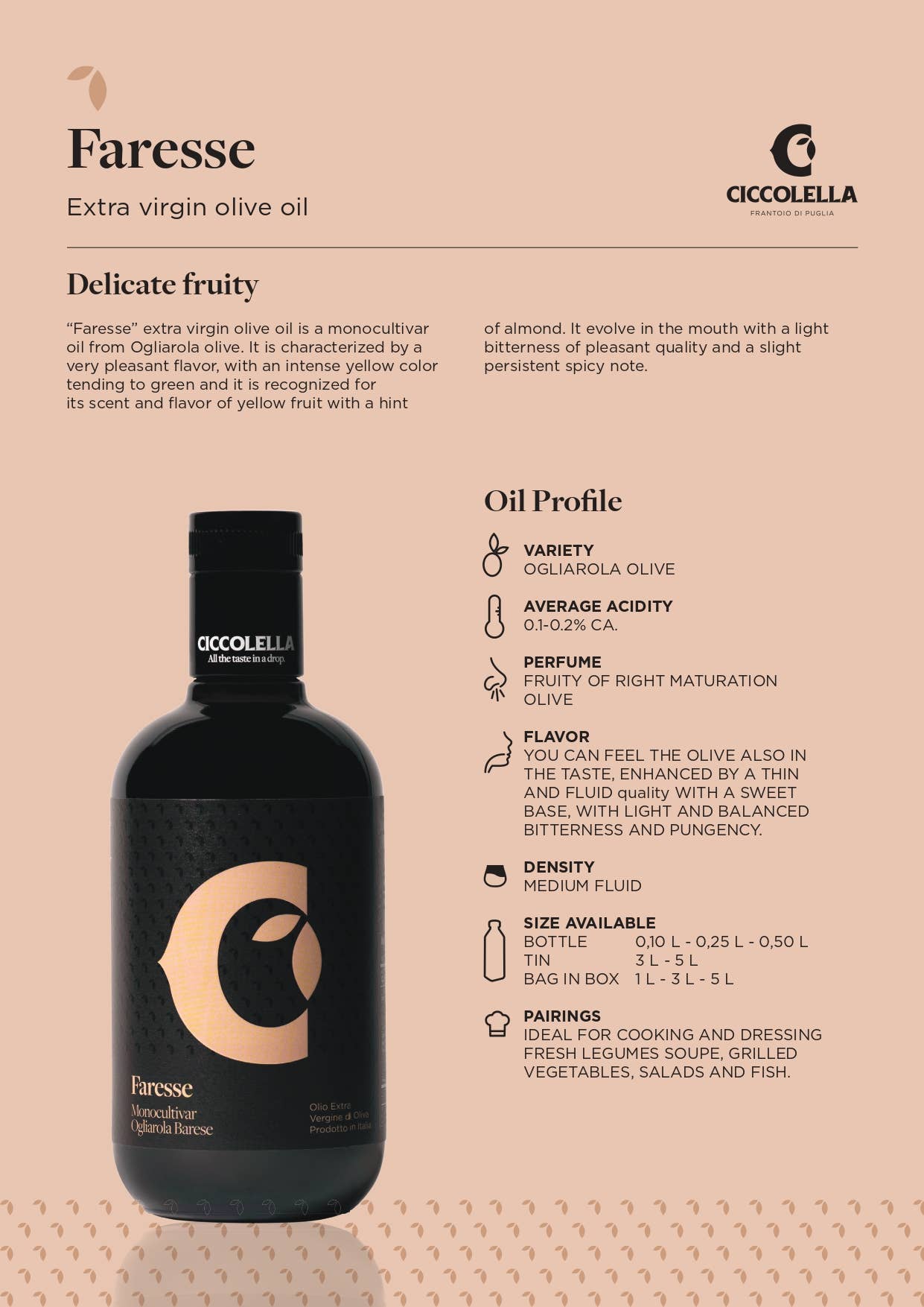 Olio Ciccolella – wholesale Olive oil – FARESSE EXTRA VIRGIN OLIVE OIL 100ML1