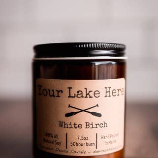 Your LAKE here customized amber natural soy candle for wholesale by Downeast Doodle Candle Company, LLC