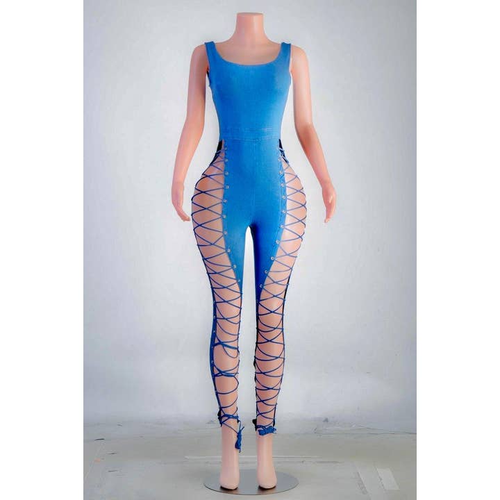 J4263 Lace Up Denim Jumpsuit for wholesale by Uptown Apparel