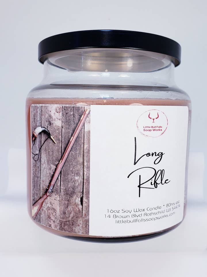 Long Rifle Soy Wax Wood Wick Candle for wholesale by Little Bull Falls Soap Works