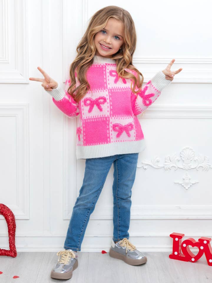 Sweet Bow Pink Checkered Knit Sweater for wholesale on Faire3