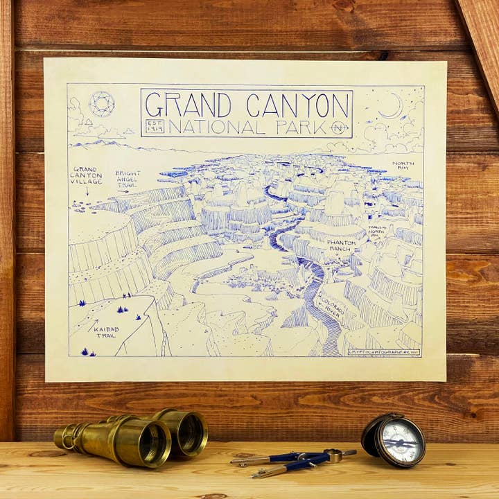 Grand Canyon National Park Handritad karta Skriv ut för wholesale av Cryptocartography