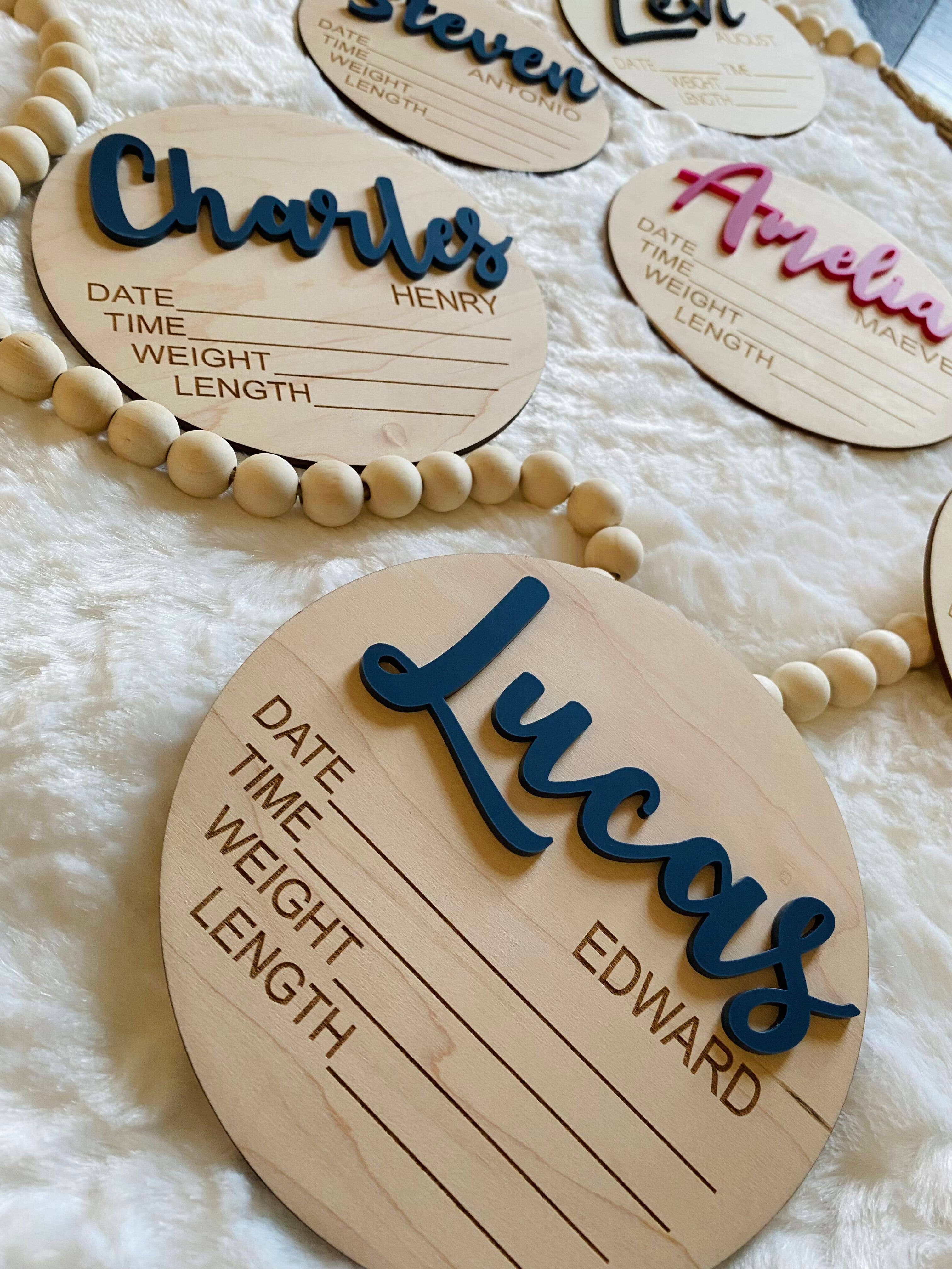 Claire and Bella - Wholesale Milestone Art/Keepsake - Kids & Baby - CUSTOM NAME Birth Stat Announcement Wood Disc - Layered 3D6