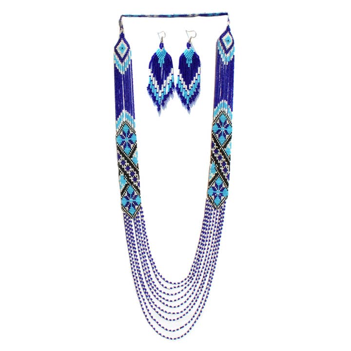 Blue Native American Style Beaded Necklace Earring Set for wholesale by KANGURAH