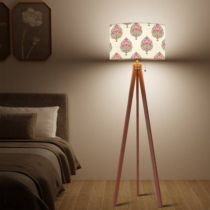 Floral Tripod Floor Lamp with Linen Textured Shade for wholesale by Bohozena