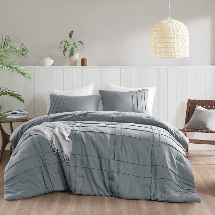Grid Textured Soft Washed Pleated Comforter Set, Blue/Grey for wholesale by Olliix