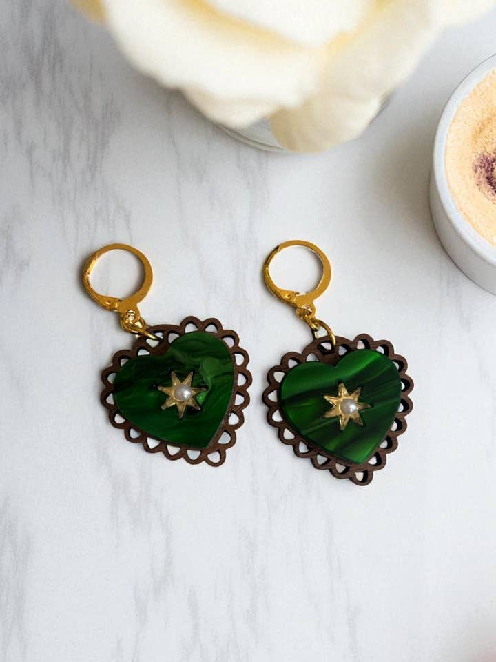 Rococo Green Heart Earrings with Walnut Backing & Gold Star Detail – Acrylic Hoop Jewellery for wholesale by Squishy Jewellery