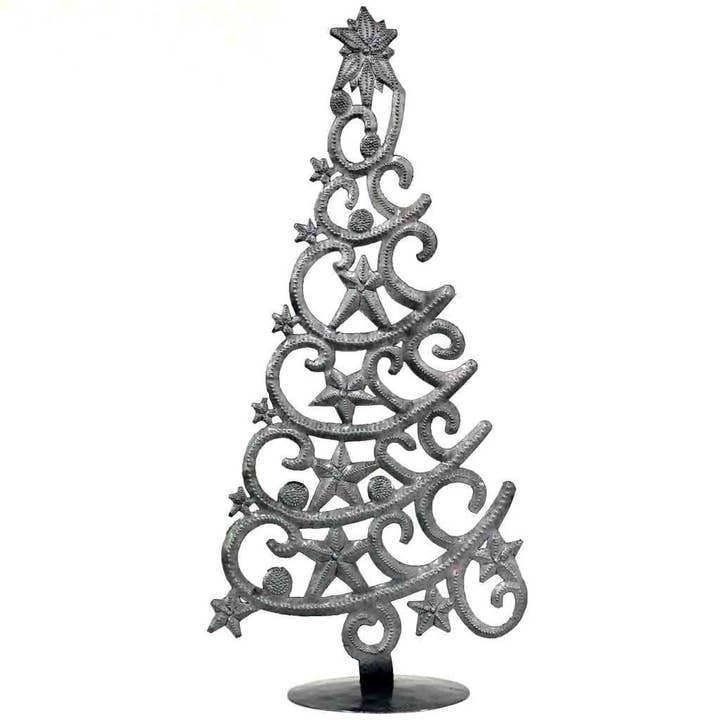 Global Crafts - Wholesale Christmas Decoration - 14" Tall Tree With Stars Haitian Drum Metal Tabletop Decor