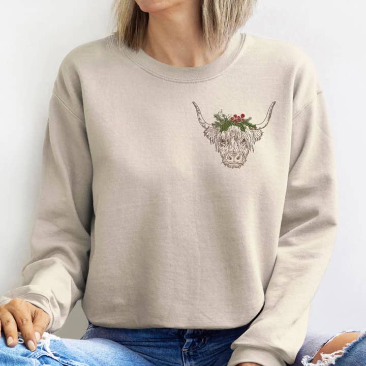 Christmas Highland Cow Embroidered Sweatshirt for wholesale by Above All Designs