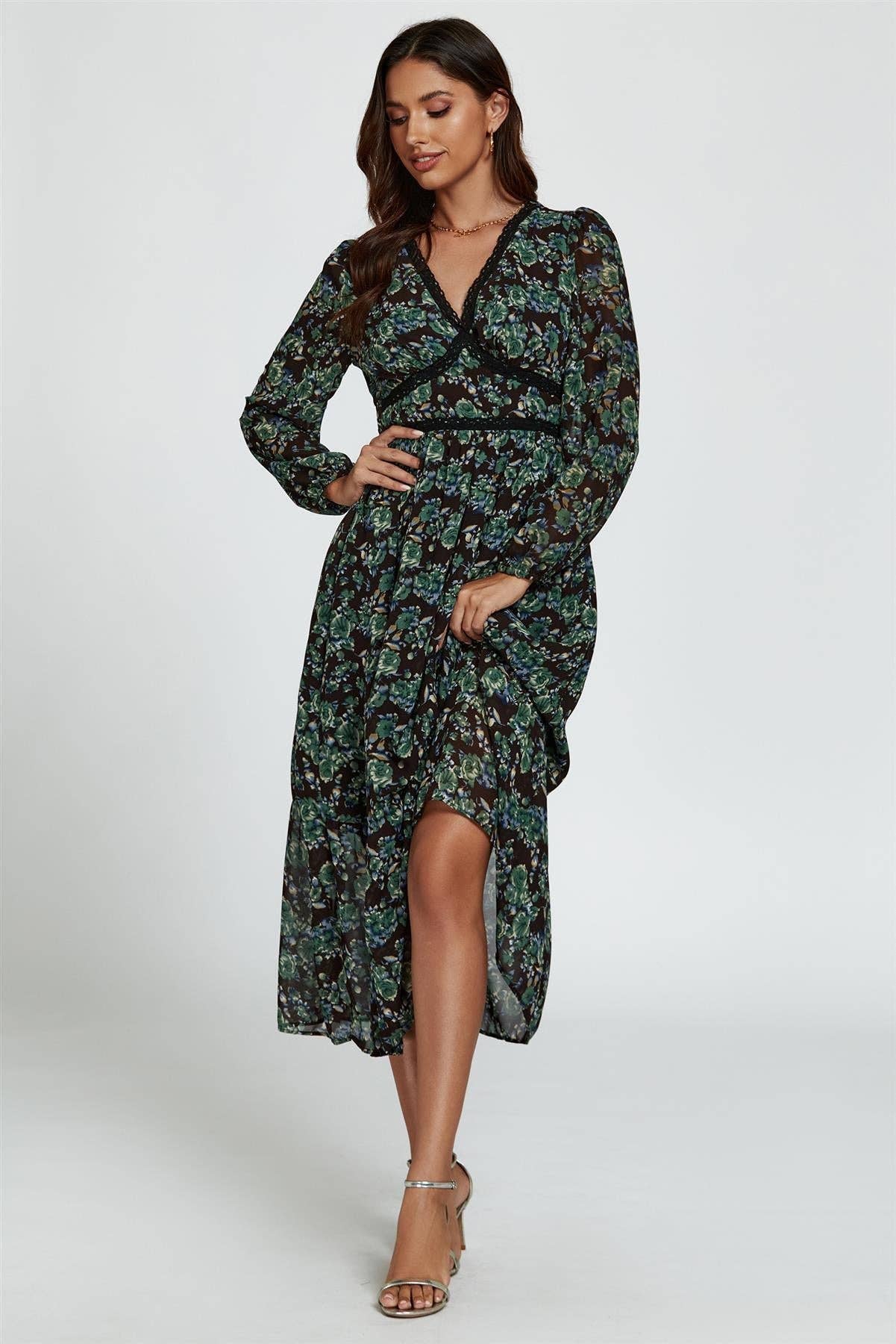 Floral Print Long Sleeve Midi Dress In Brown for wholesale on Faire3