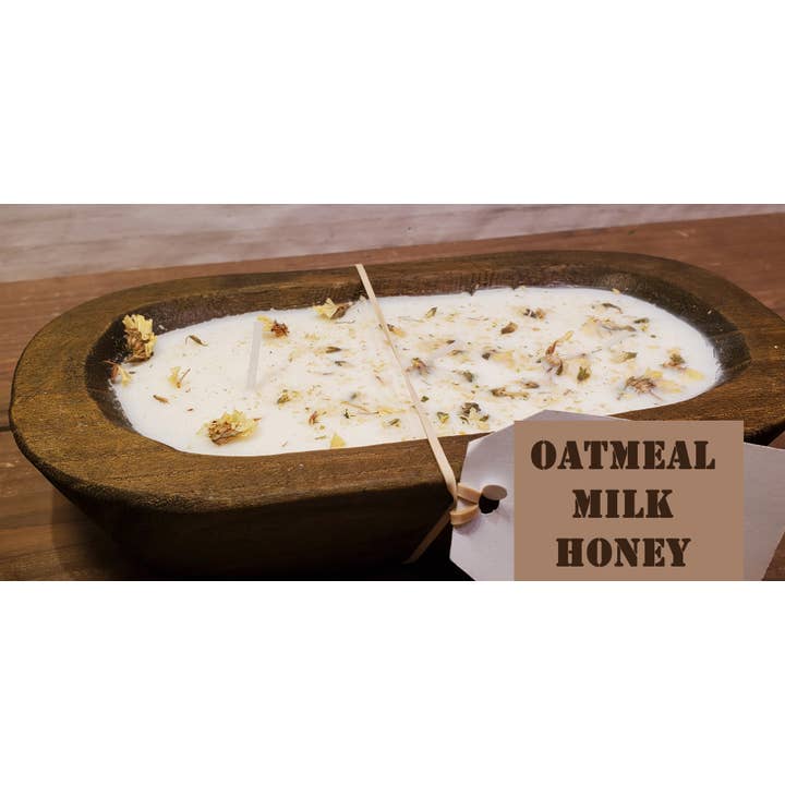 Wooden Dough Bowl Soy Candle w/ dried flowers Oat Milk Honey for wholesale by Abnormal Creations