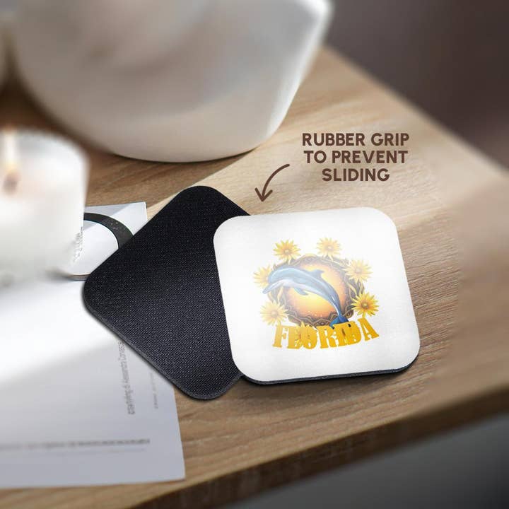 3dRose - Vente Sous-verre - 3dRose, Fleurs sauvages de Floride et dessin animé d'un marsouin ou dauphin, Sous-verre10