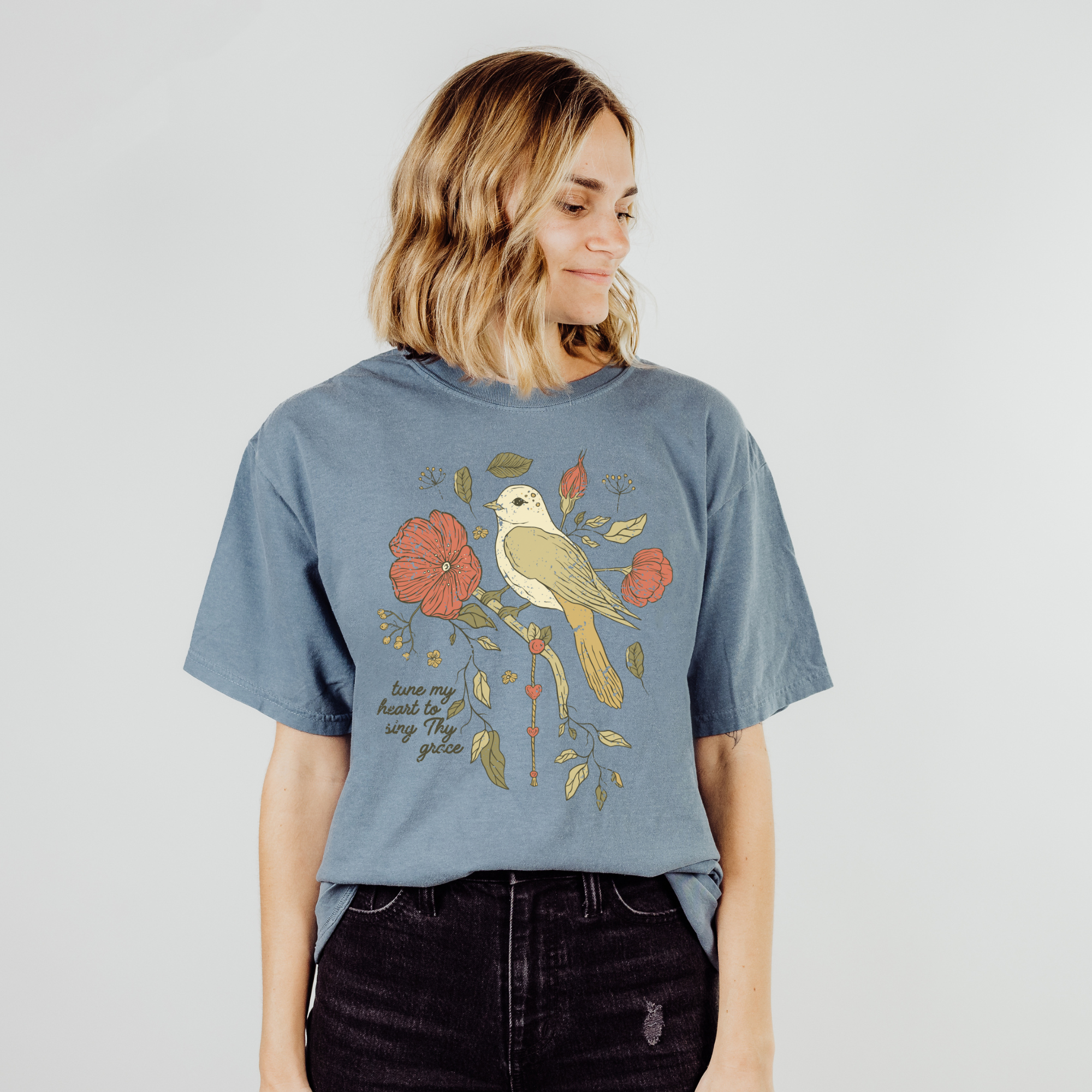 Scripted Pearl - Wholesale T-Shirt (Graphic) - Women's - Tune My Heart with Bird Comfort Colors Christian Graphic Tee7