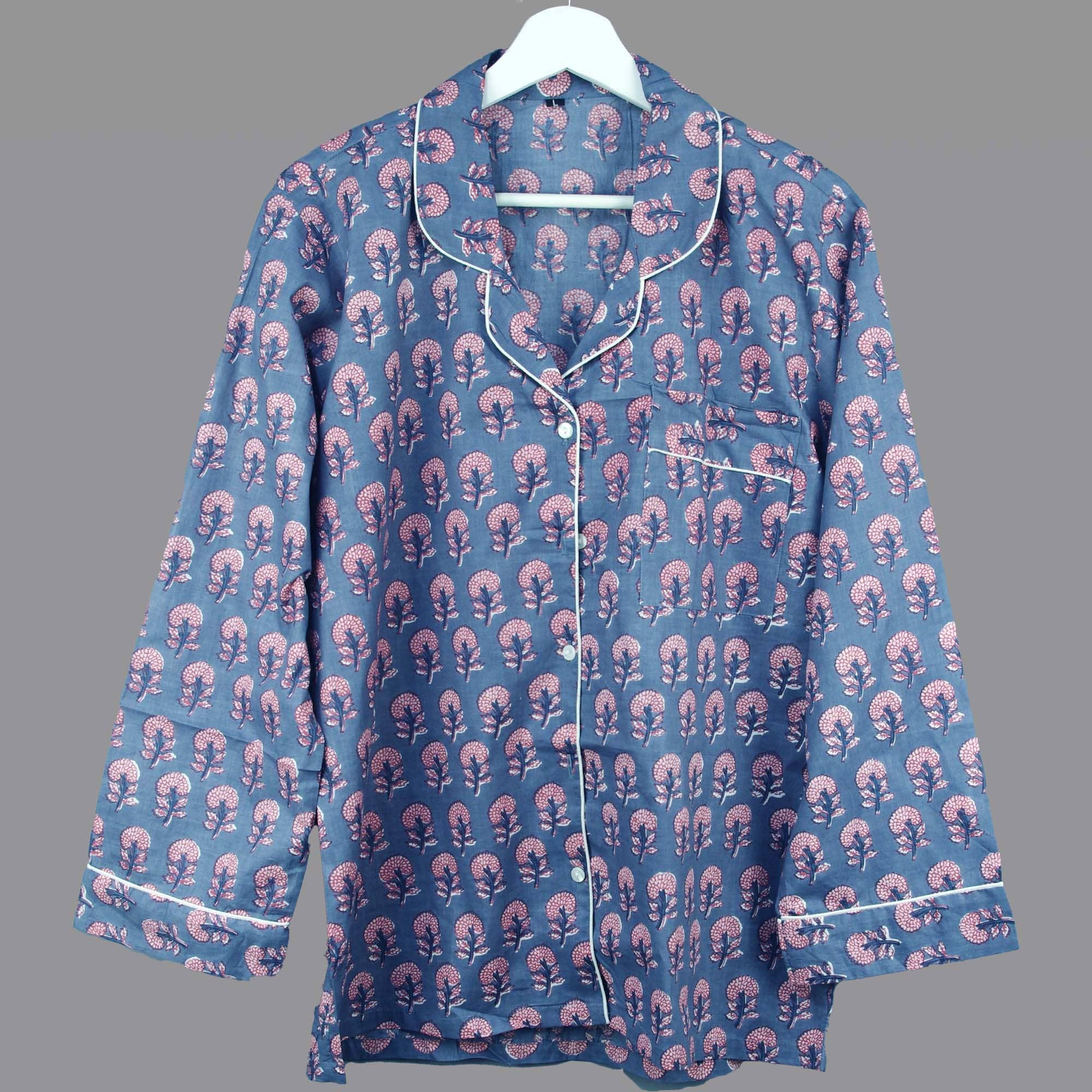 Kantha Decor – wholesale Sleepwear set – Women's – Long Cotton PJ Set With Pouch - Daffodils On Grey1