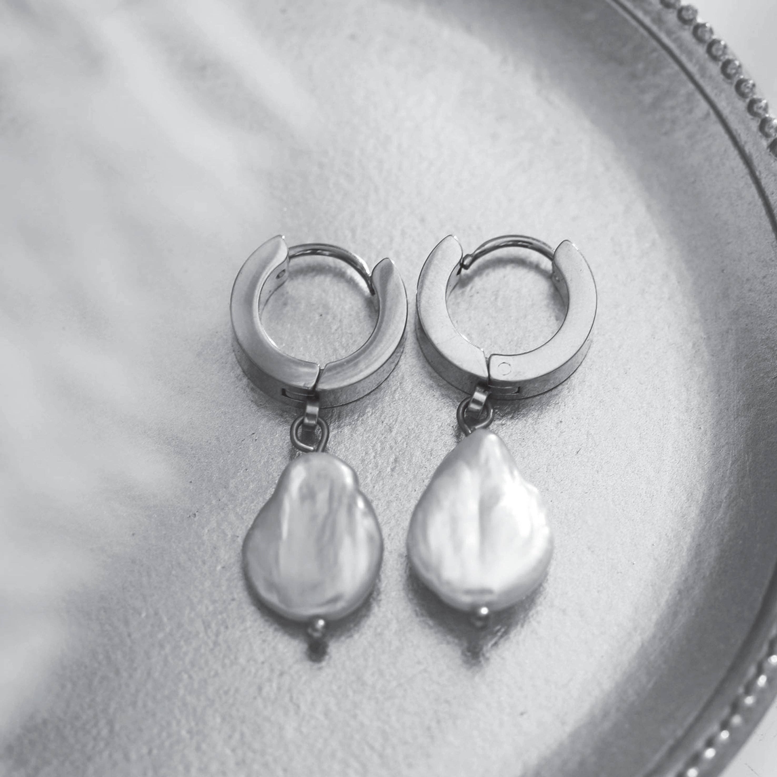 HACKNEY NINE – wholesale Dangle earrings – GAIA White Gold (Silver Toned):  Baroque Freshwater Pearls on Wide Mini Hoops2