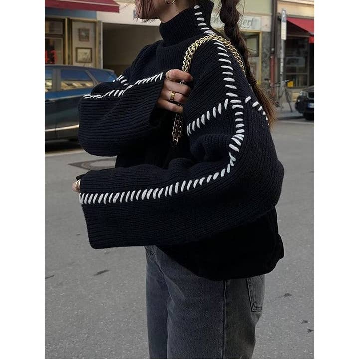 BLACK Stylish Long Sleeve Parisian Round-Neck Knitwear for wholesale on Faire