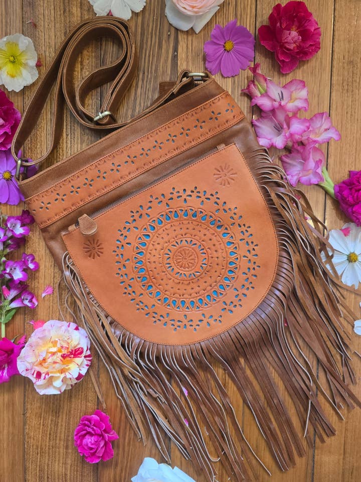 Ariana Leather Bag - Tan/Teal for wholesale by Celestial Gypsy