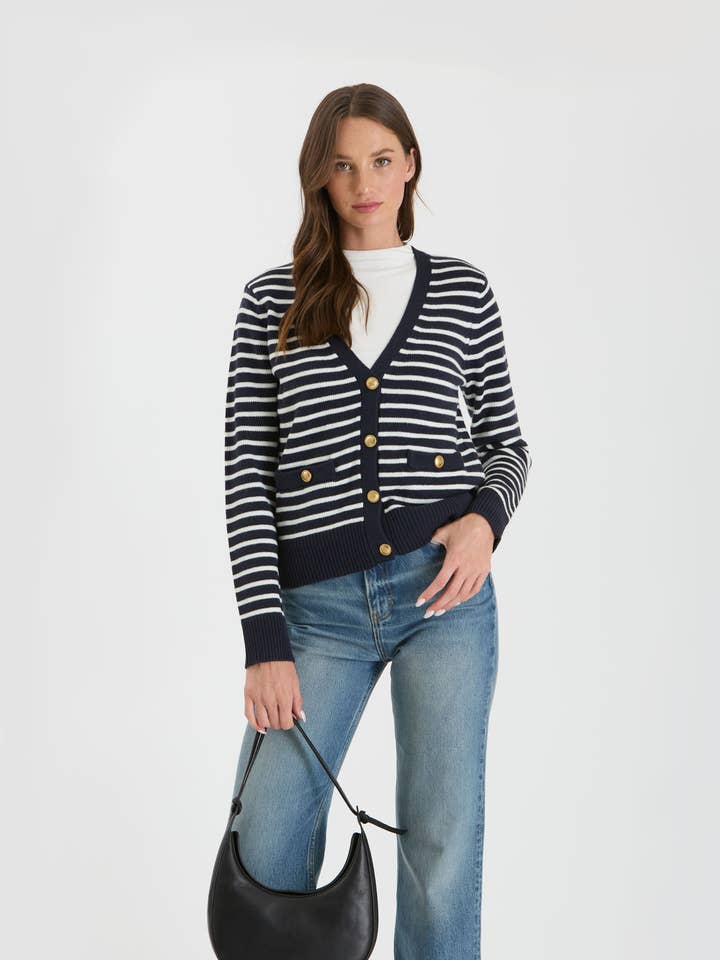 The Workshop Studio - Wholesale Cardigan - Women's - STRIPE V NECK GOLD BUTTON DOWN KNIT CARDIGAN