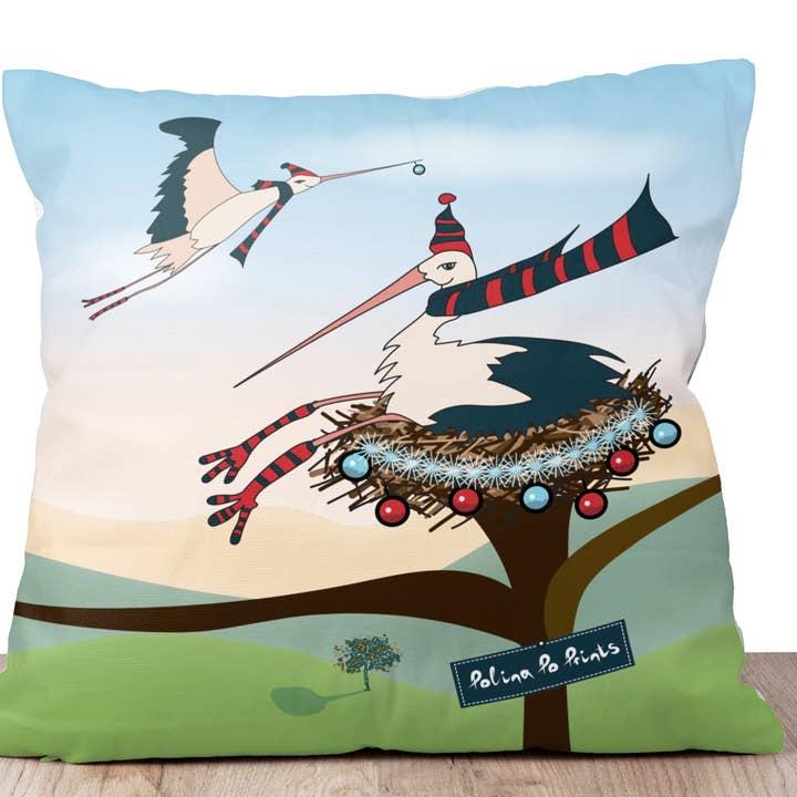 Housse de coussin de Noël Cigogne. Cadeaux de Noël amusants. pour la vente par Polina Po Prints