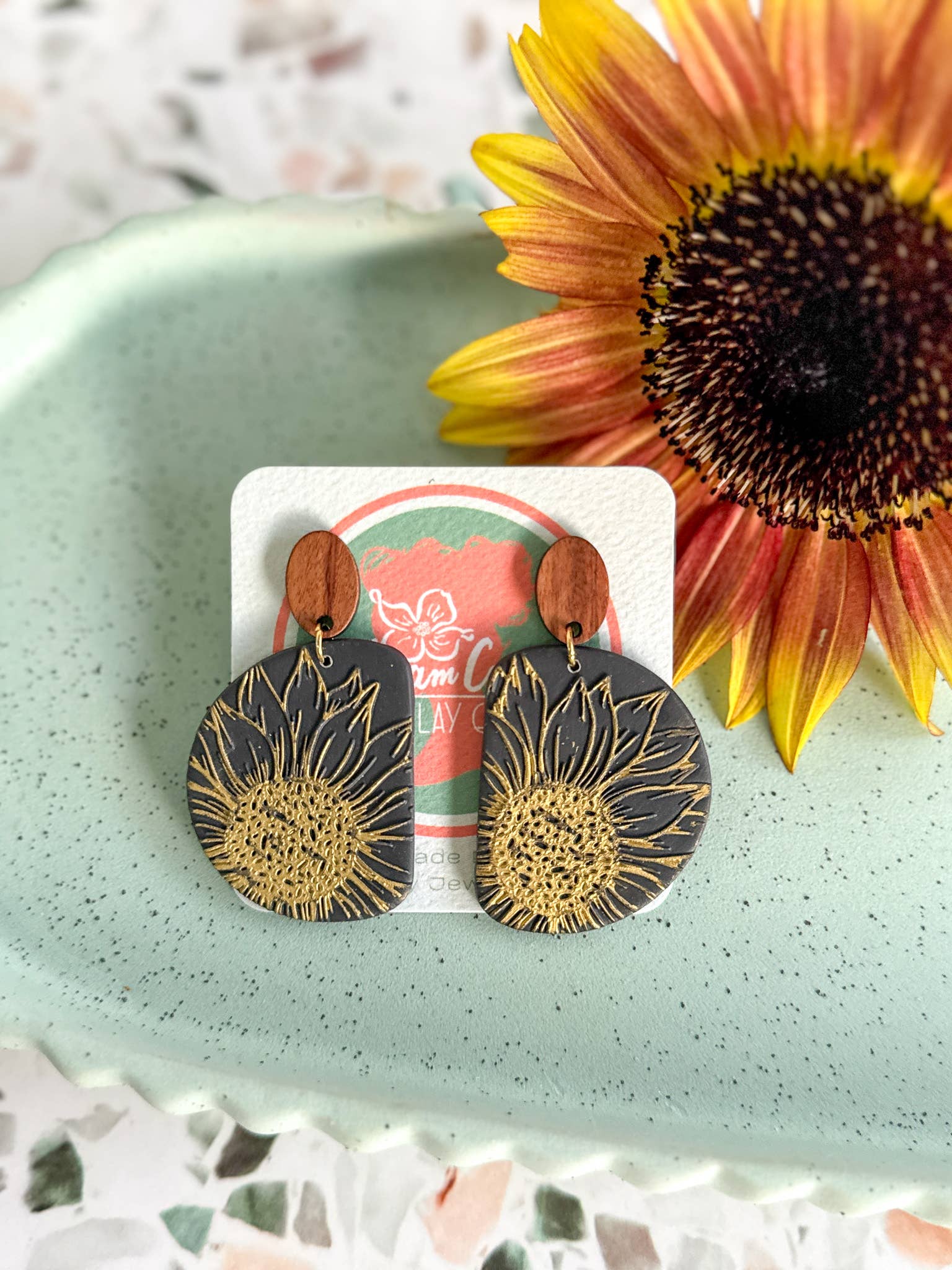 Anam Cara Clay Goods - Wholesale Dangle Earrings - Half Circle Sunflower Drops Polymer Clay EarringS6