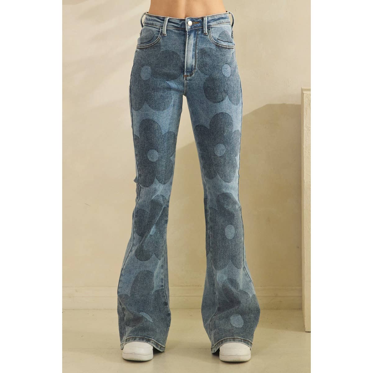 DENIM WASHED FLORAL BOOT CUT JEANS for wholesale on Faire5