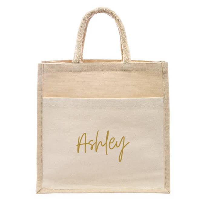 Weddingstar Inc. - Wholesale Tote Bag - Women's - Medium Woven Jute Tote Bag With Pocket - Script Font9