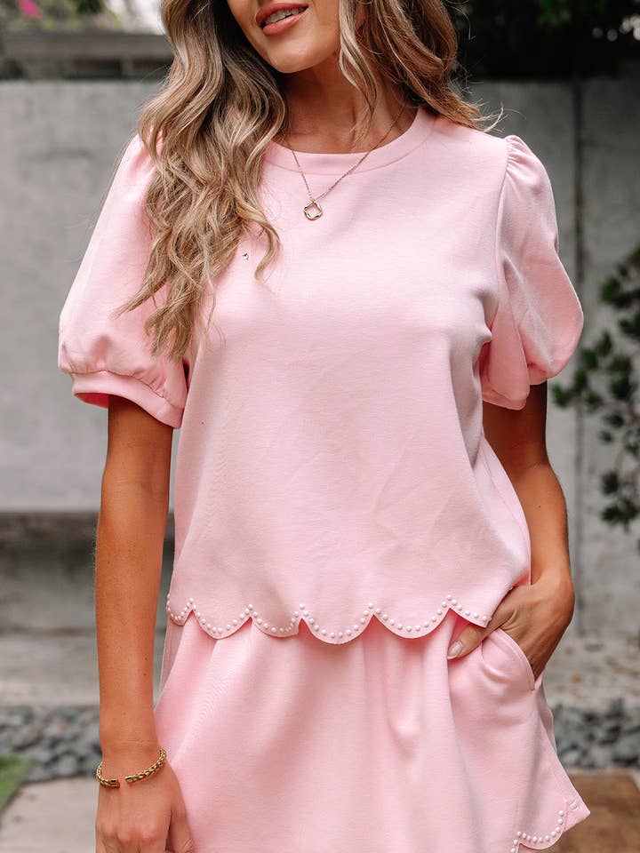 Pearl Embellished Scallop Trim Top 2 Piece Skort Set for wholesale by FULL TIME PURCHASE