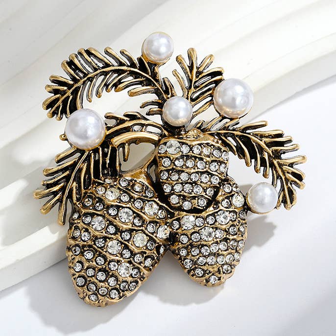 Vintage Diamond Pearl Pine Cone Brooch for wholesale by Tourtiwi