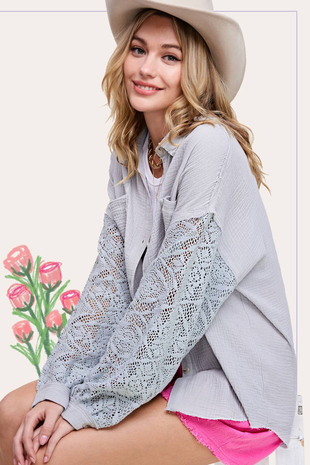 La Miel - Wholesale Button Down Shirt - Women's - SRT7455-Crochet Detailed Sleeve Gauze Button Down Shirts11